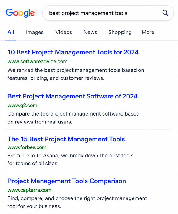 A search engine results page: a list of blue links for the query best project management tools.
